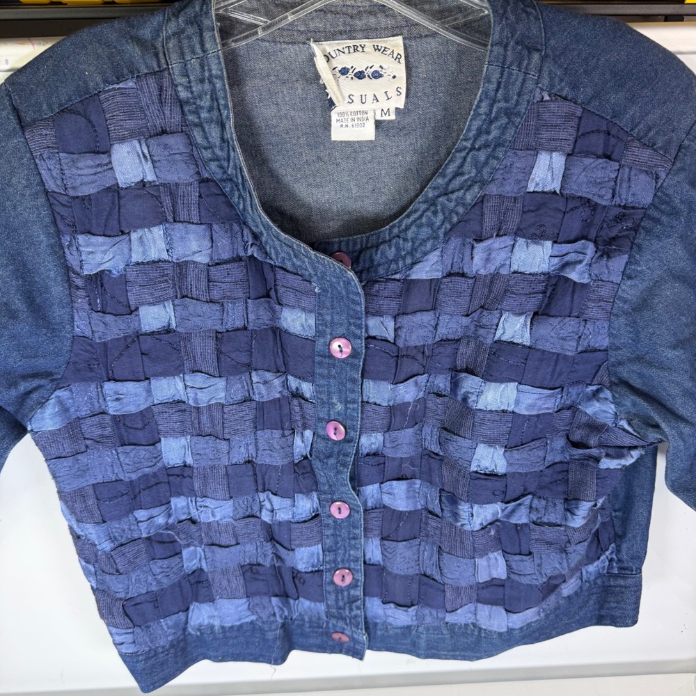 Country Wear Casuals Denim Jacket Blue Woven Patchwork Front Womens M Tradwife